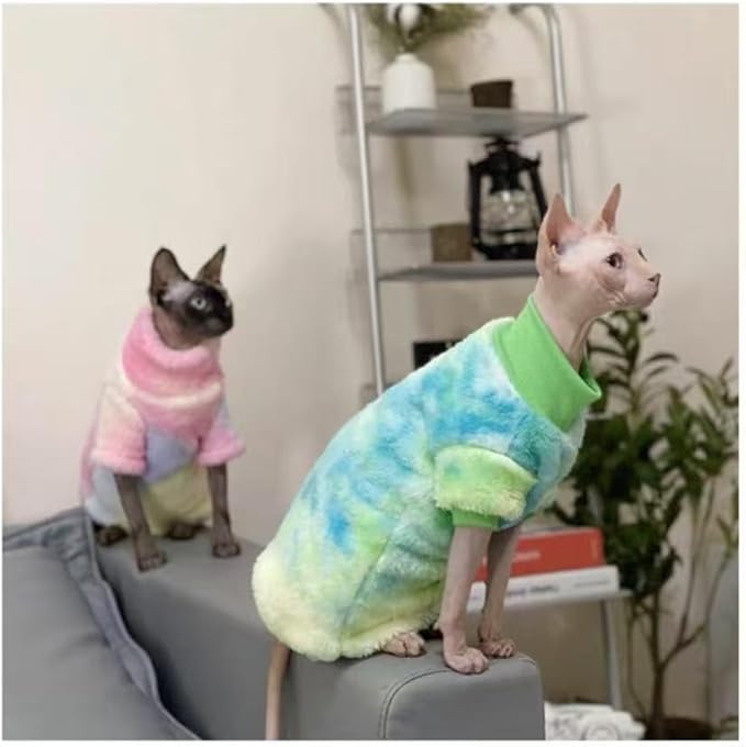Sphynx Cat Warm Turtleneck Sweater, Thick Soft Double-Sided Fleece Clothes for Cats, Two-Legged Winter Onesie for Cats and Small Dogs,Pjs for Cats and Puppy (Green Tie-dye, L (5-6.5lbs))