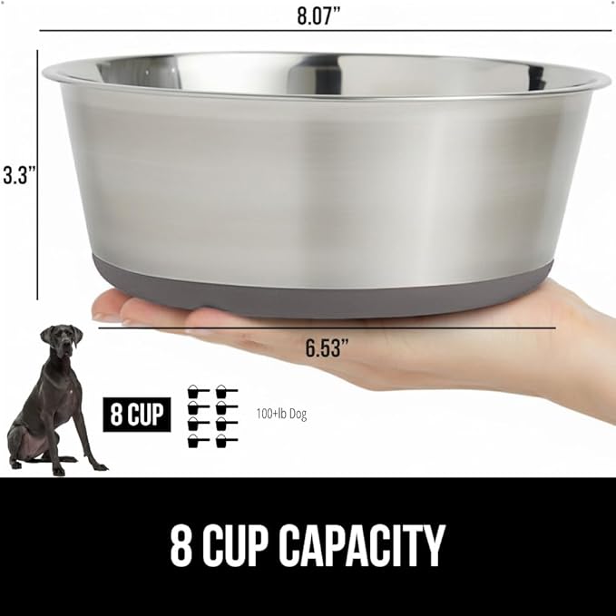 GORILLA GRIP Set of 2 Dog Bowls, Holds 8 Cups (64 fl oz), Heavy Duty Metal Food and Water Bowl for Feeding Dogs and Cats, Dishwasher Safe, Rust Resistant Stainless Steel, BPA Free Rubber Base, Gray
