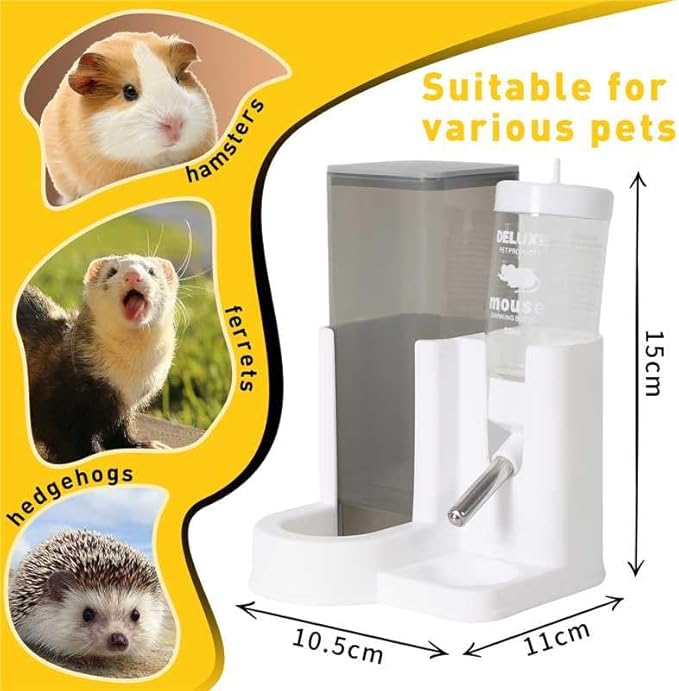 Hamster Water Bottle Standing Guinea Pig Water Dispenser with No Drip 2 in 1 Small Animal Automatic Food Bowl for Cage Accessories for Chinchilla Ferret (Yellow, 5.91 in X 4.13 in X 4.33 in)