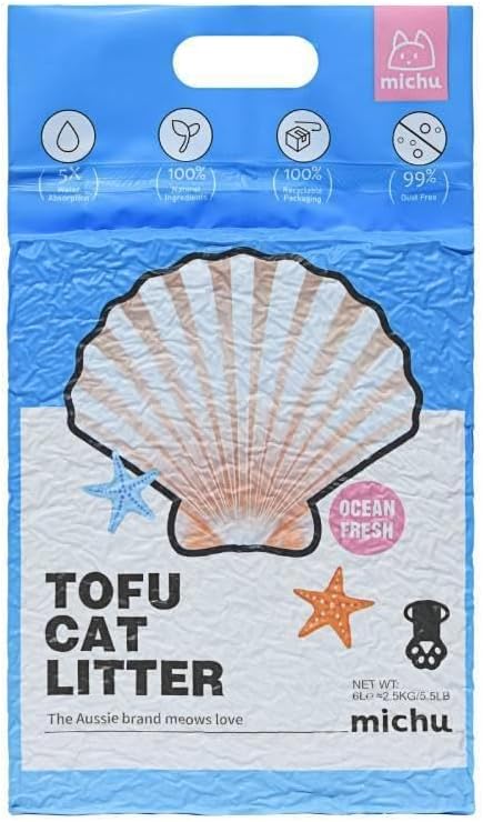 Michu Tofu Cat Litter Natural Clumping Tofu Cat Litter, Fast Clumping and Easily Scoop-able 5.5lb/88oz 5 Scents - Ocean Fresh, 2 Pack