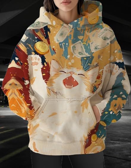 Womens Funny Cat Hoodies Oversized Graphic Hooded Sweatshirt for Women Fall Plus Size Pullover Hoodie Y2K