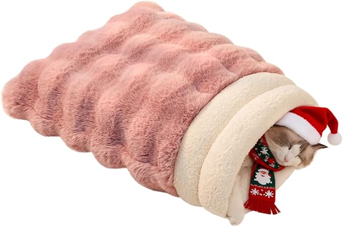 Cat Sleeping Bag for Indoor Cats Self Warming Cat Bed Fits up to 15 lbs Pets Soft Plush Warm Bed 360° Wrap Bag Washable Comfortable Pet Sleeping Bed 21" × 17" Pink