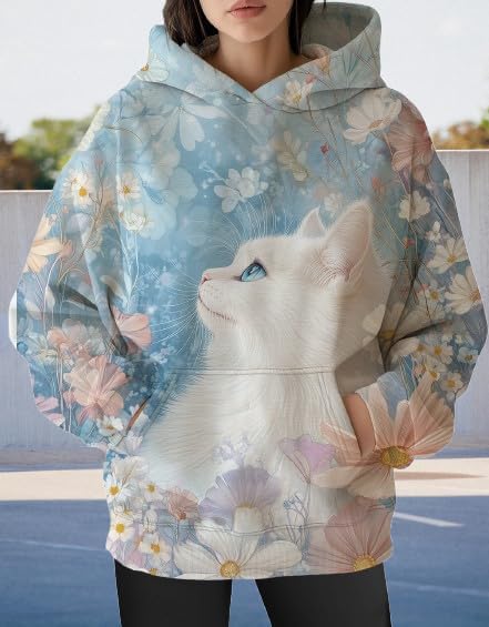 Womens Funny Cat Hoodies Oversized Graphic Hooded Sweatshirt for Women Fall Plus Size Pullover Hoodie Y2K