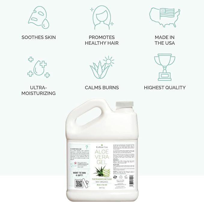 Organic Aloe Vera Gel Bulk - Half Gallon - for Face, Skin, Hair & Sunburn Relief From 100 Percent Pure Aloe Vera - Cold Pressed, Vegan, Unscented - Made in USA (64 Fl Oz)