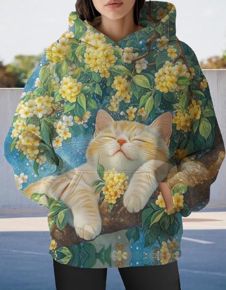 Womens Funny Cat Hoodies Oversized Graphic Hooded Sweatshirt for Women Fall Plus Size Pullover Hoodie Y2K