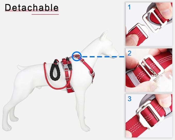 Adjustable Dog Harness - No Pull, Reflective, Soft Padded for Small, Medium, Large Dogs - Includes Leash Red XL