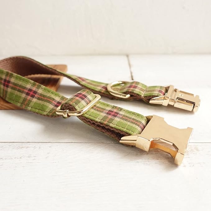 PETDURO Personalized Plaid Dog Collar Tree Green - Engraved Name and Phone Number on Gold Metal Buckle - Custom for Small Medium Large Boy Girl Dogs - Add Leash Bow Tie via Customize Now
