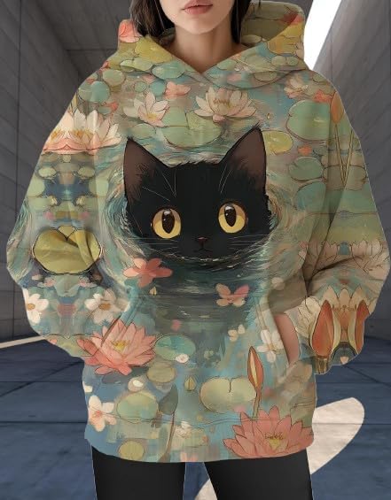 Womens Funny Cat Hoodies Oversized Graphic Hooded Sweatshirt for Women Fall Plus Size Pullover Hoodie Y2K