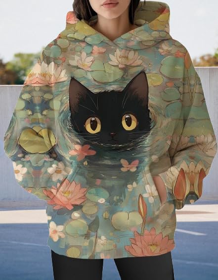 Womens Funny Cat Hoodies Oversized Graphic Hooded Sweatshirt for Women Fall Plus Size Pullover Hoodie Y2K