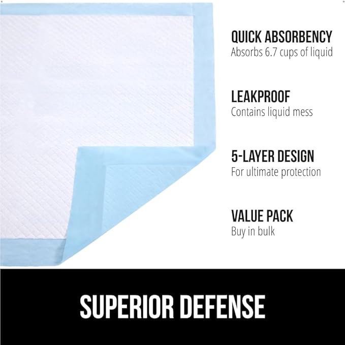 Gorilla Guard Disposable Puppy Pads, 5 Layer Pee Pads for Dogs, Absorbent Diaper Changing Pad, Dog Potty Training Supplies, Quick Dry Pet Housebreaking Essentials for Puppies, 25 Count 22x22 in