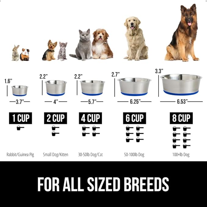 GORILLA GRIP Dog Bowls, Holds 4 Cups Each (32 fl oz), Heavy Duty Stainless Steel Food and Water Bowl for Feeding Dogs and Cats, Dishwasher Safe, Rust Resistant, BPA Free Rubber Base, Set of 2 Blue