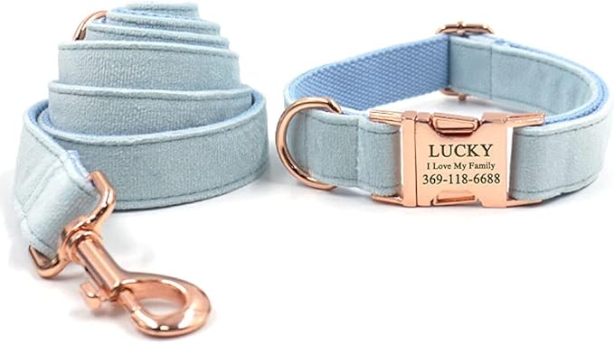 PETDURO Custom Dog Collar Personalized with Name Engraved Quick Release Rose Gold Metal Buckle for Large Medium Small Girl Dogs - Dog Leash and Bow Tie Available - Soft Comfy Velvet (Sky Blue, S)