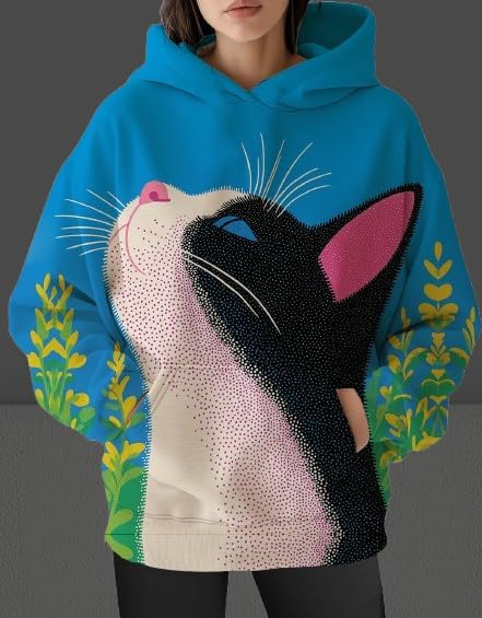 Womens Funny Cat Hoodies Oversized Graphic Hooded Sweatshirt for Women Fall Plus Size Pullover Hoodie Y2K