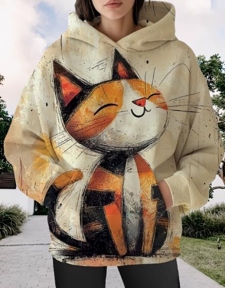 Womens Funny Cat Hoodies Oversized Graphic Hooded Sweatshirt for Women Fall Plus Size Pullover Hoodie Y2K