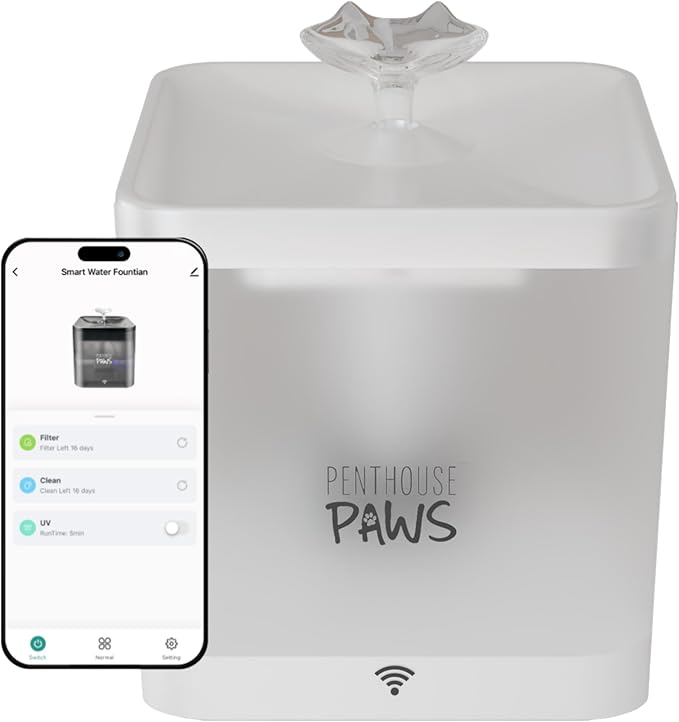 Penthouse Paws Smart Cat Water Fountain 2.2L, Ultra Quiet Pump, App Control, Motion Sensor, 5 Stage Filter, Whisker Friendly Bowl, Automatic Water Dispenser for Cats Dogs, White