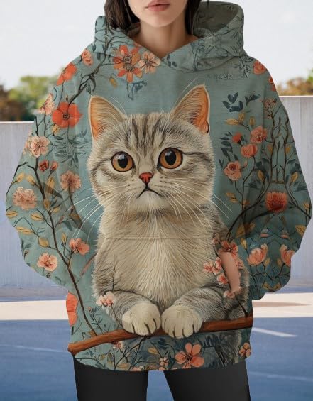 Womens Funny Cat Hoodies Oversized Graphic Hooded Sweatshirt for Women Fall Plus Size Pullover Hoodie Y2K