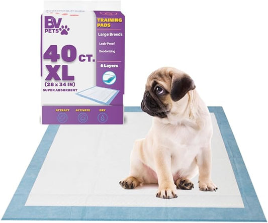 BV Puppy Pads XL 40 Count 28"x34" - Leak-Proof Pee Pads for Dogs with 6-Layer Design, Rapid Dry Sheet & Attractant - Dog Pad Extra Large with Odor Control - Perfect for Big Dogs & Indoor Use
