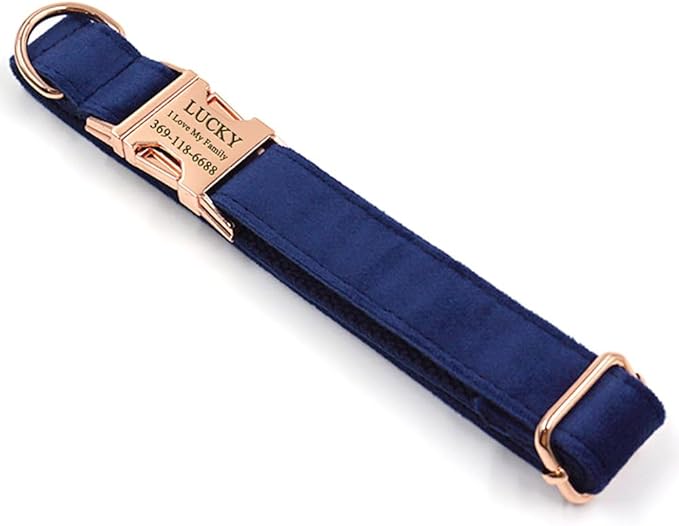 PETDURO Personalized Dog Collar Navy Blue Soft Velvet for Large Medium Small Boy Girl Dogs - Custom Collar with Name Phone Engraved on Rose Gold Metal Buckle - Add Matching Leash Set via Customize Now
