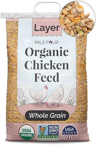 Mile Four Organic Chicken Feed – Layer Whole Grain, Non-GMO, USA Grown, 16% Protein, Corn-Free, Soy-Free, Non-Medicated Feed for Chickens, 23 lbs