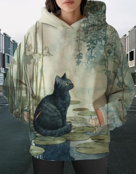 Womens Funny Cat Hoodies Oversized Graphic Hooded Sweatshirt for Women Fall Plus Size Pullover Hoodie Y2K