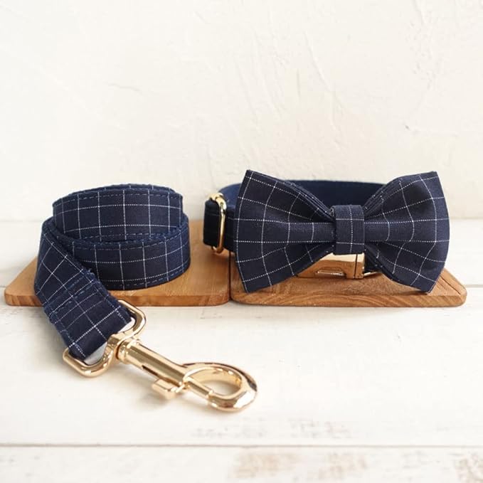 PETDURO Personalized Windowpane Plaid Dog Collar Blue - Engraved Name and Phone Number on Gold Metal Buckle - Custom for Small Medium Large Boy Girl Dogs - Add Leash Bow Tie via Customize Now