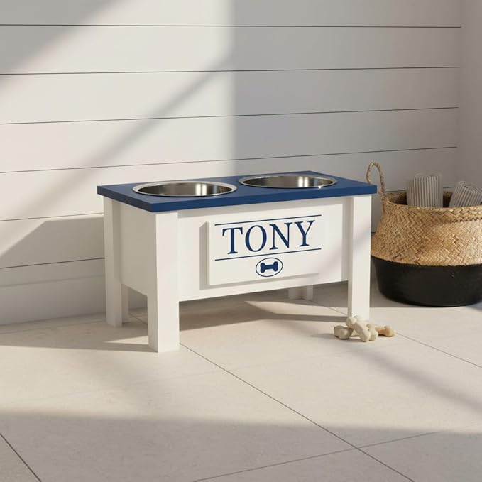 GTW Personalized Elevated Dog Bowl Stand for Large, Medium, Small, X-Small Dogs - Stainless Steel Food and Water Bowls - Raised Dog Dish with Internal Storage (Large, Blue)