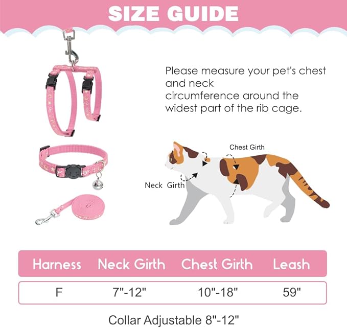 PAWCHIE Cat Harness with Leash and Collar Set - Escape Proof Adjustable H-shped Cat Harness with Star and Moon Pattern Glow in The Dark for Kitty Outdoor Walking