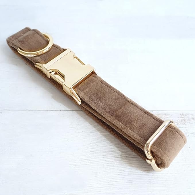 PETDURO Custom Dog Collar Personalized with Name Engraved Gold Metal Buckle for Large Medium Small Dogs - Dog Leash and Bow Tie Available - Soft Thick Velvet (Camel RG, M)