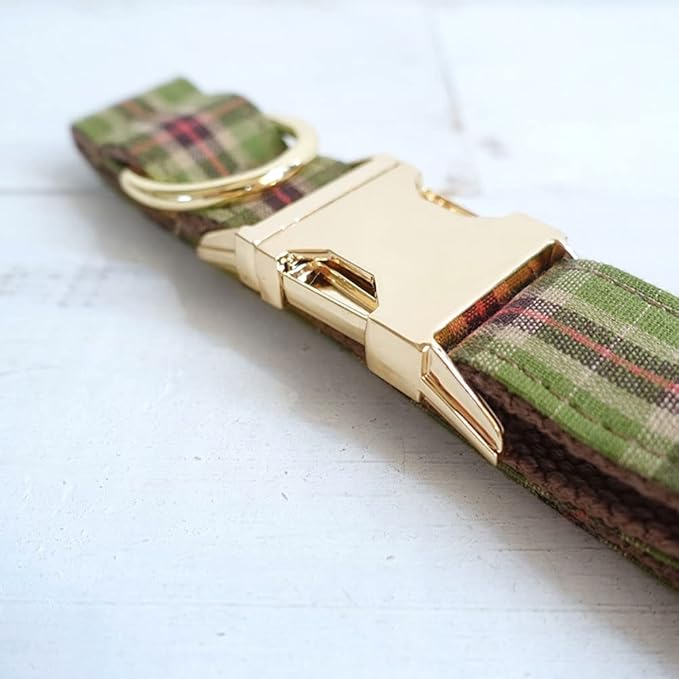PETDURO Personalized Plaid Dog Collar Tree Green - Engraved Name and Phone Number on Gold Metal Buckle - Custom for Small Medium Large Boy Girl Dogs - Add Leash Bow Tie via Customize Now