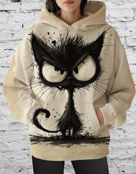 Womens Funny Cat Hoodies Oversized Graphic Hooded Sweatshirt for Women Fall Plus Size Pullover Hoodie Y2K