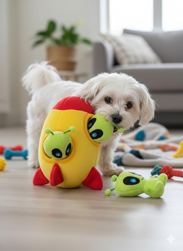MODERN WAVE - Interactive Squeaky Plush Hide and Seek Squirrel Type Puzzle Toy for Dogs, Small Size (Spaceship and Aliens)