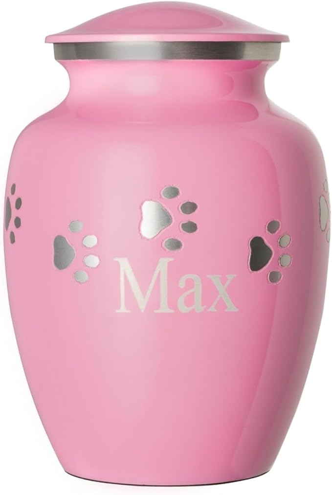 Pet Urn for Dogs and Cats with Personalized Laser Engraving, Ottillie Paws Premier Series Memorial Urns (Medium Ardent Pink with Horizontal Pewter Paws)
