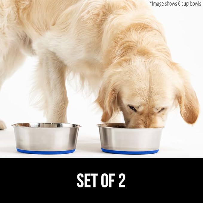 GORILLA GRIP Dog Bowls, Holds 4 Cups Each (32 fl oz), Heavy Duty Stainless Steel Food and Water Bowl for Feeding Dogs and Cats, Dishwasher Safe, Rust Resistant, BPA Free Rubber Base, Set of 2 Blue