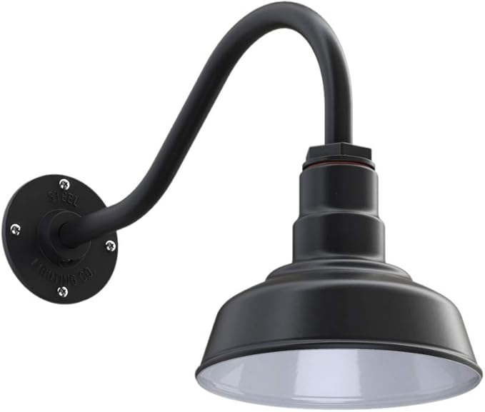 Steel Lighting Co. | Dusk to Dawn | Hawthorne Barn Light | Outdoor Wall Mounted | 8 in Dome | 16 inch Gooseneck| Small Farmhouse Light Made in America | Matte Black Exterior/White Interior