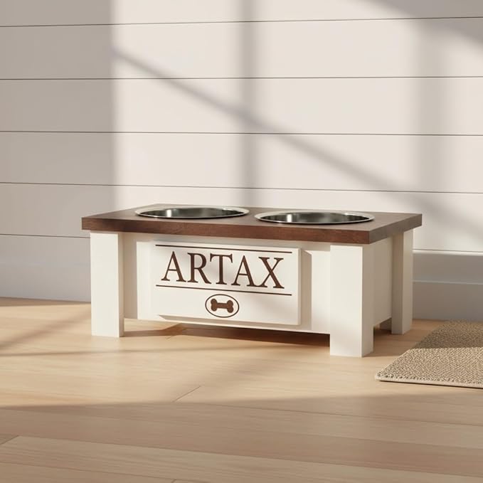 GTW Personalized Elevated Dog Bowl Stand for Large, Medium, Small, X-Small Dogs - Stainless Steel Food and Water Bowls - Raised Dog Dish with Internal Storage (Small, Dark Walnut)