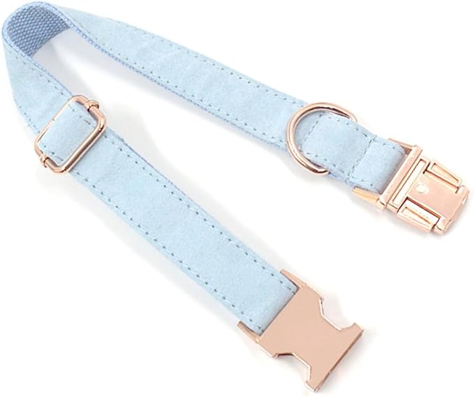 PETDURO Custom Dog Collar Personalized with Name Engraved Quick Release Rose Gold Metal Buckle for Large Medium Small Girl Dogs - Dog Leash and Bow Tie Available - Soft Comfy Velvet (Light Blue, M)