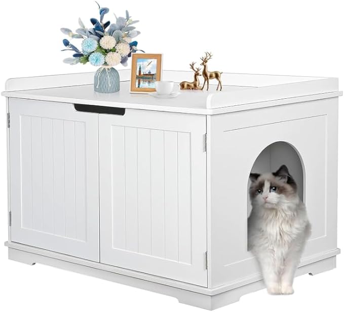 Cat Litter Box Enclosure Furniture Wooden w/Adjustable Divider, Indoor Cat House Storage Cabinet,End Table,for Large Cats, White