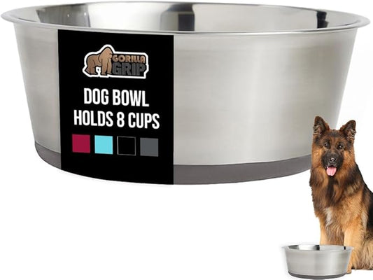 GORILLA GRIP Set of 2 Dog Bowls, Holds 8 Cups (64 fl oz), Heavy Duty Metal Food and Water Bowl for Feeding Dogs and Cats, Dishwasher Safe, Rust Resistant Stainless Steel, BPA Free Rubber Base, Gray