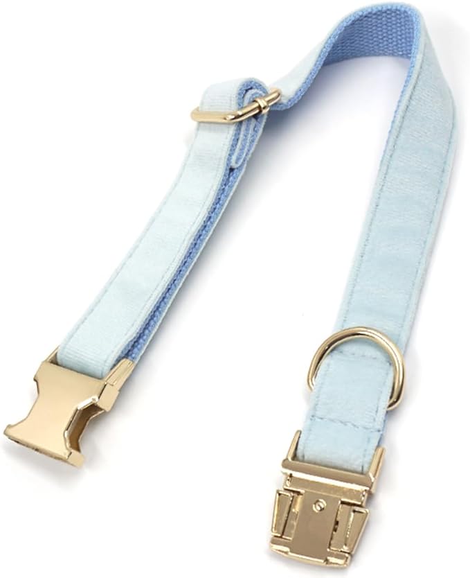 PETDURO Personalized Dog Collar Sky Blue Soft Velvet for Large Medium Small Boy Girl Dogs - Custom Collar with Name Phone Number Engraved on Gold Metal Buckle - Add Leash Bow Set via Customize Now