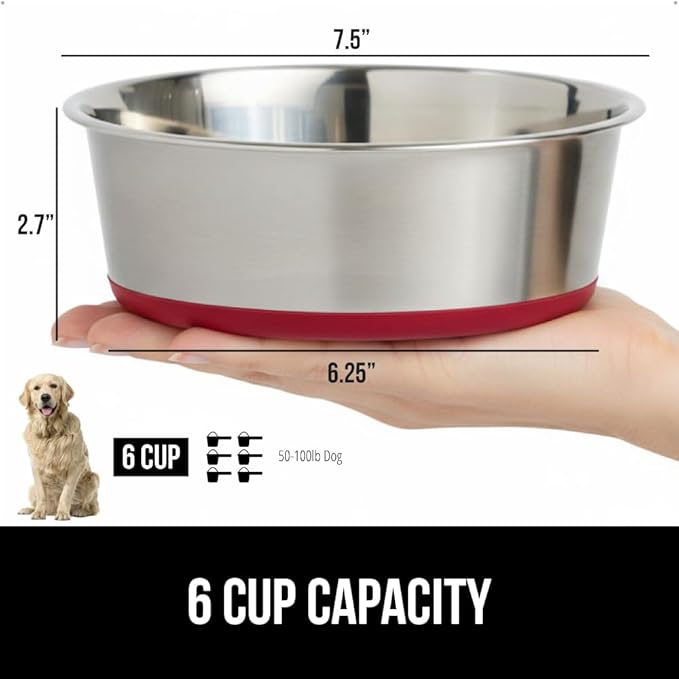 GORILLA GRIP Dog Bowl, Holds 6 Cups (48 fl oz), Heavy Duty Metal Food and Water Bowl for Feeding Dogs and Cats, Easy Clean, Dishwasher Safe, Rust Resistant Stainless Steel, BPA Free Rubber Base, Red