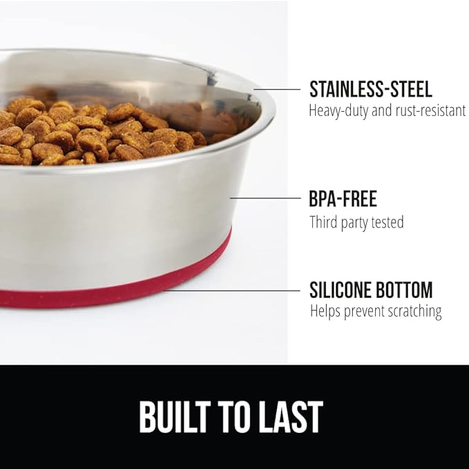 GORILLA GRIP Dog Bowl, Holds 2 Cups (16 fl oz), Heavy Duty Metal Food and Water Bowl for Feeding Dogs and Cats, Easy Clean, Dishwasher Safe, Rust Resistant Stainless Steel, BPA Free Rubber Base, Red