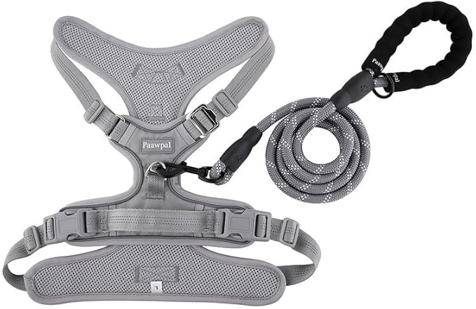 Adjustable Dog Harness - No Pull, Reflective, Soft Padded for Small, Medium, Large Dogs - Includes Leash Light Silver L