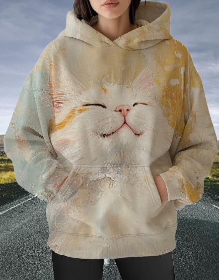 Womens Funny Cat Hoodies Oversized Graphic Hooded Sweatshirt for Women Fall Plus Size Pullover Hoodie Y2K