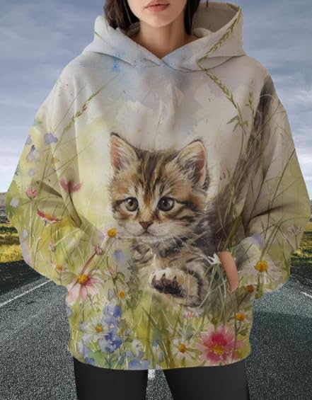 Womens Funny Cat Hoodies Oversized Graphic Hooded Sweatshirt for Women Fall Plus Size Pullover Hoodie Y2K