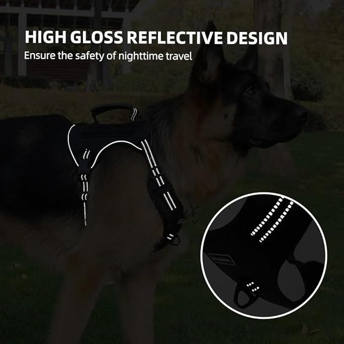 Tactical Dog Harness with Leash for Large Dogs, No Pull Adjustable Dog Harness, Reflective K9 Working Pet Vest for Walking, Training (Black, XL)