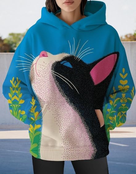 Womens Funny Cat Hoodies Oversized Graphic Hooded Sweatshirt for Women Fall Plus Size Pullover Hoodie Y2K