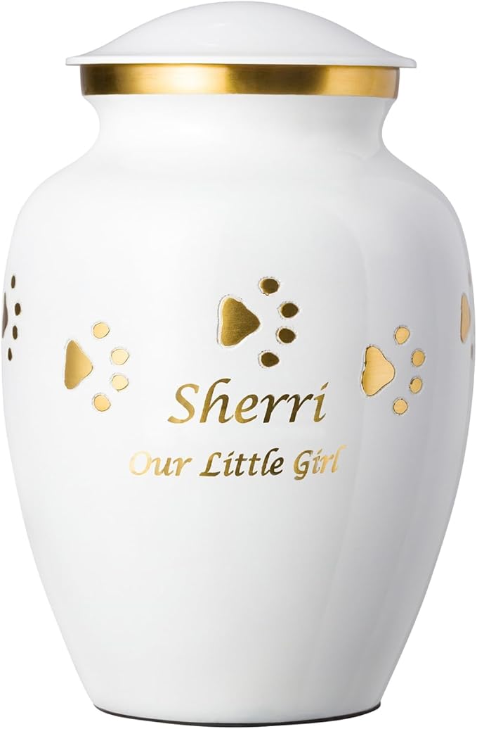 Pet Urn for Dogs and Cats with Personalized Laser Engraving, Ottillie Paws Premier Series Memorial Urns (Medium Cloud White with Horizontal Brass Paws)