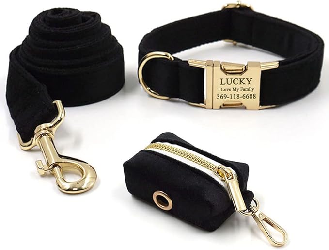 PETDURO Personalized Dog Collar Black Soft Velvet for Large Medium Small Boy Girl Dogs - Custom Collar with Name Phone Engraved on Gold Metal Buckle - Add Matching Leash Bow Set via Customize Now