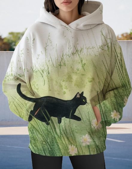 Womens Funny Cat Hoodies Oversized Graphic Hooded Sweatshirt for Women Fall Plus Size Pullover Hoodie Y2K