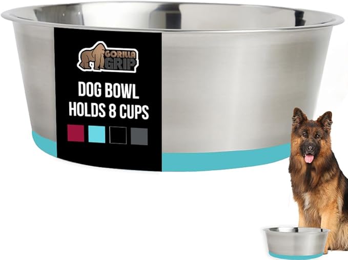 GORILLA GRIP Dog Bowl, Holds 8 Cups (64 fl oz), Heavy Duty Metal Food and Water Bowl for Feeding Dogs and Cats, Dishwasher Safe, Rust Resistant Stainless Steel, BPA Free Rubber Base, Turquoise